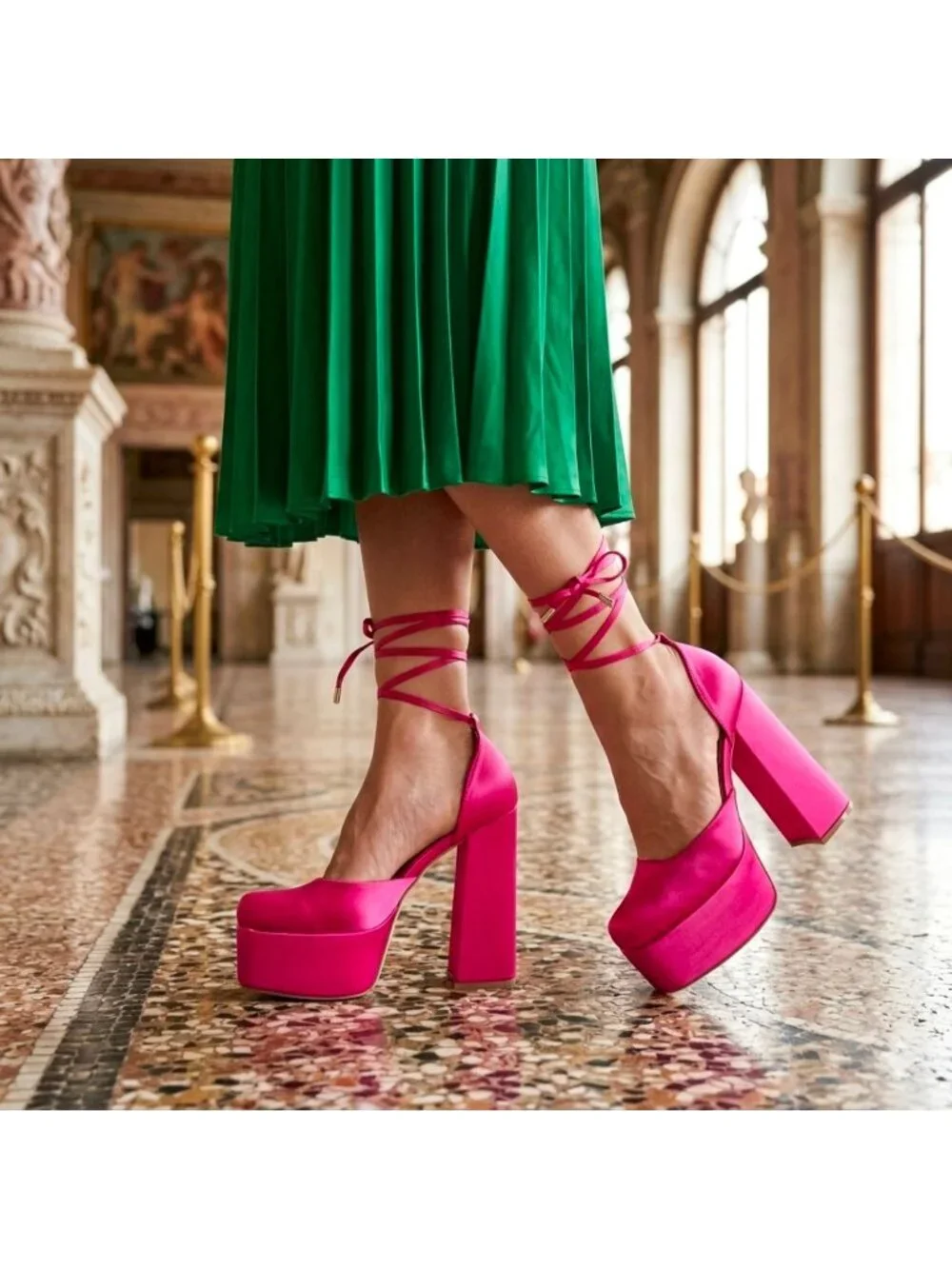 Hot Pink Block Heel Satin Platform Pumps With Ankle Straps - Womens Shoes